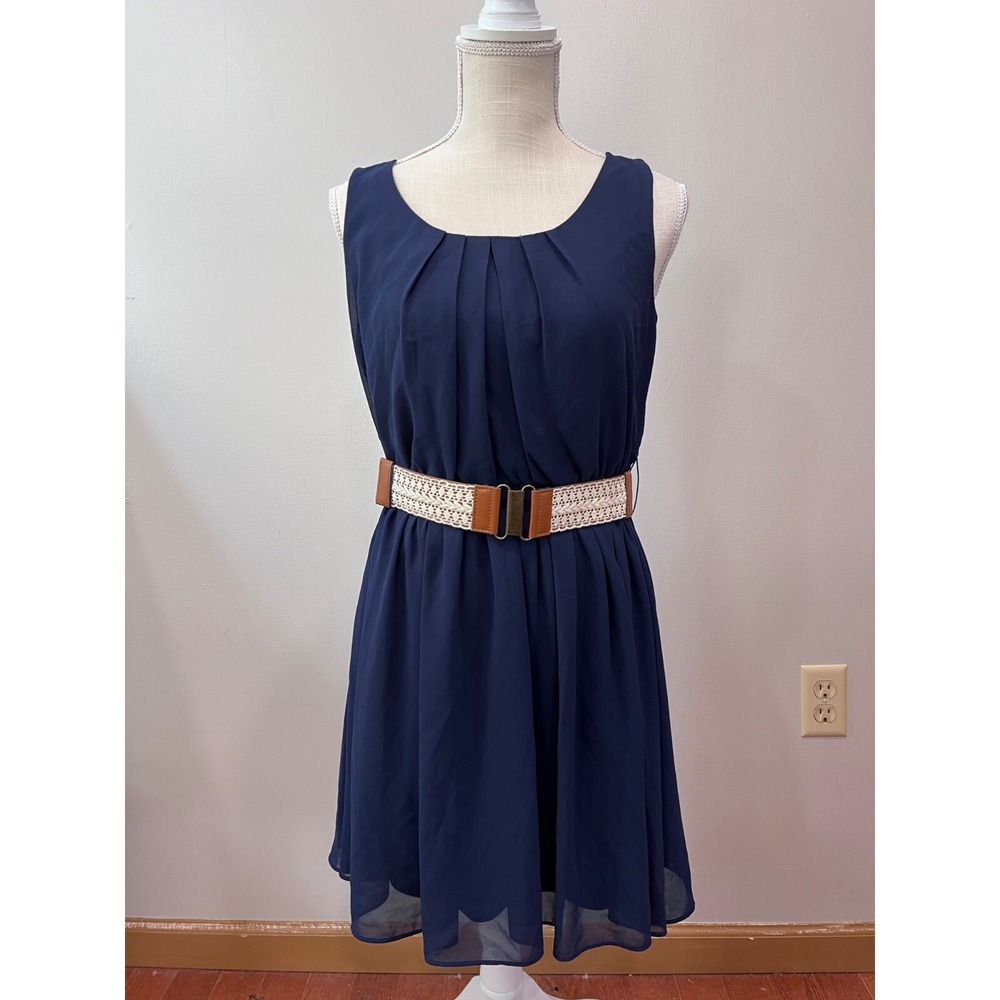 By & By Womens Navy Pleated Sleeveless Dress With Brown‎ Belt Size M